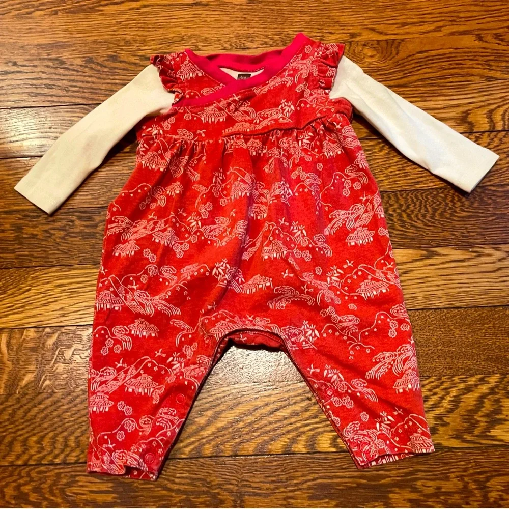 Tea Collection Red Asian Print Cotton Romper Size 0-3 Months